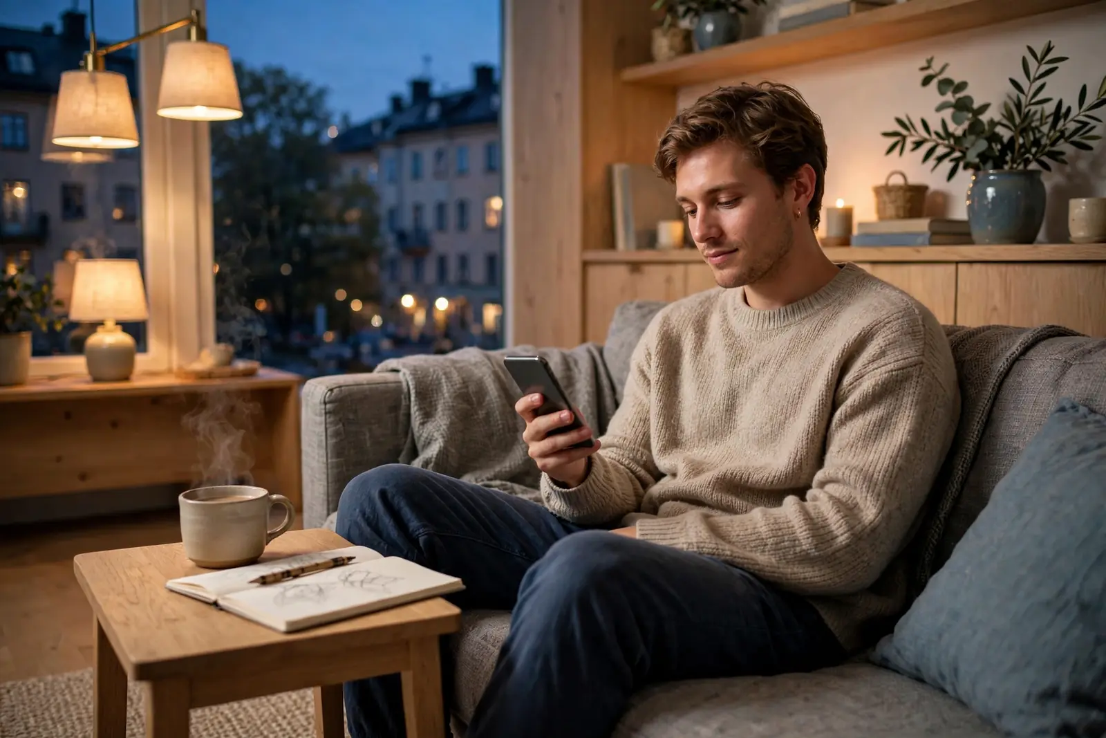 Person i soffa med telefon och kaffe vid sidobord, svensk heminteriör