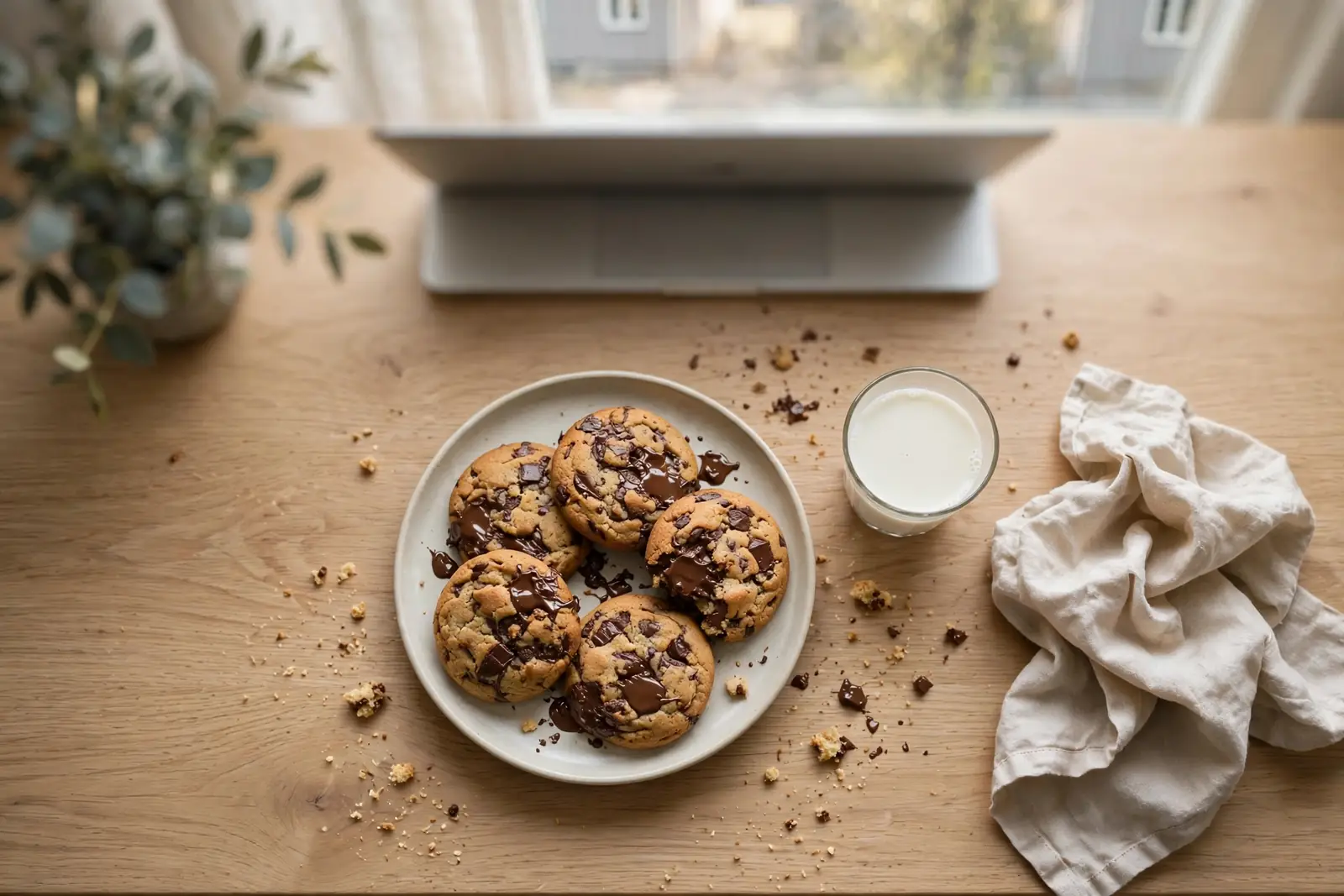 Chokladkakor på ett fat med mjölk på ett skandinaviskt skrivbord