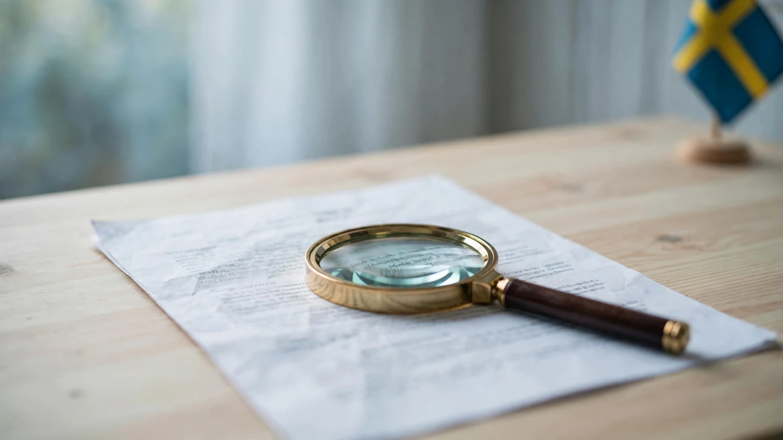 Förstoringsglas på utskrivet juridiskt dokument på skrivbord