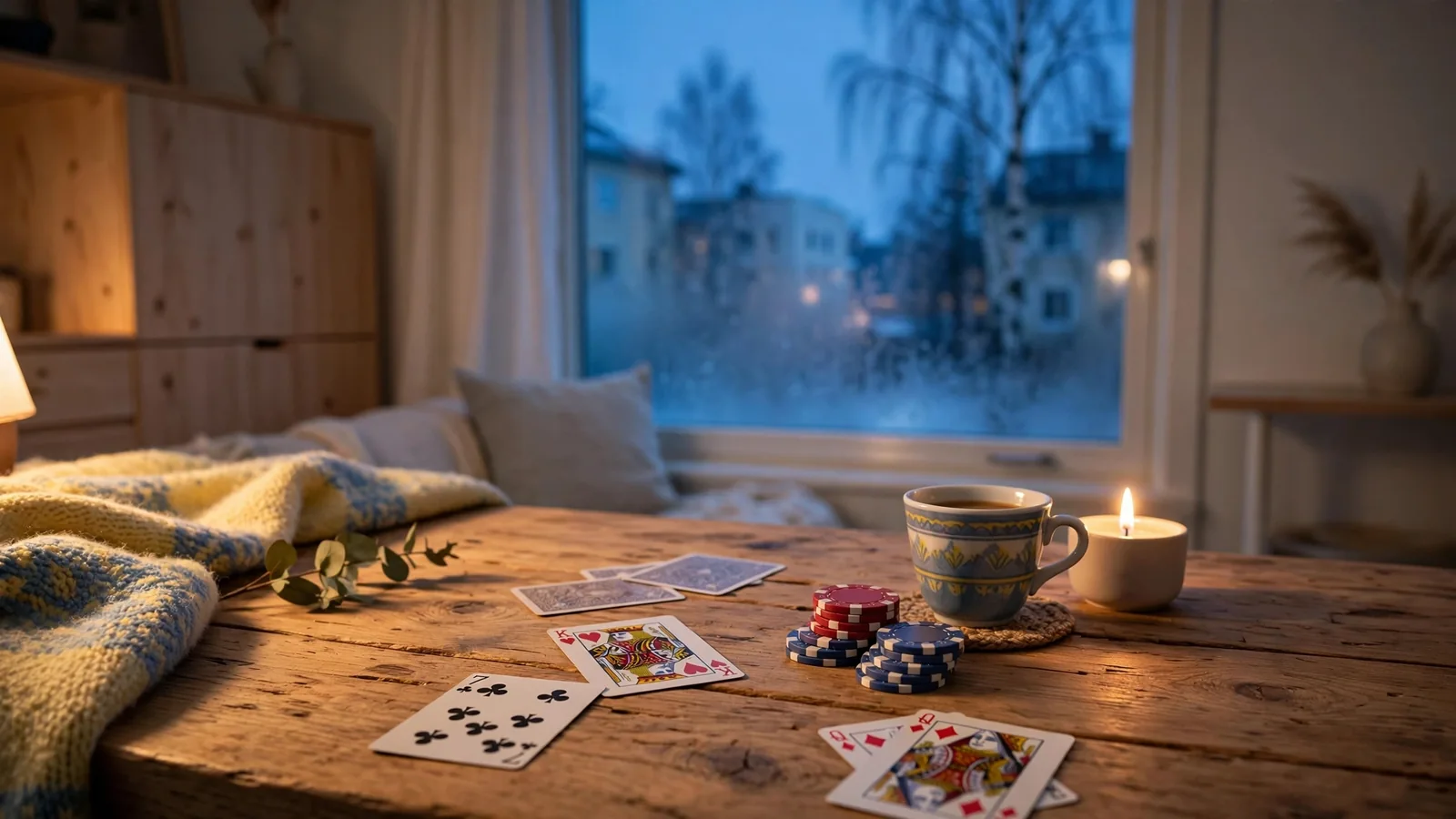 Ett träbord med spelkort, casinomarker och en kaffekopp i mysig svensk vintermiljö