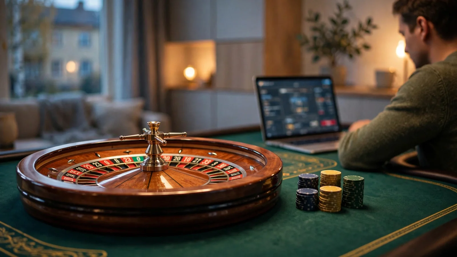 Roulettehjul och casinomarker på ett grön bord i en modern casinostudio