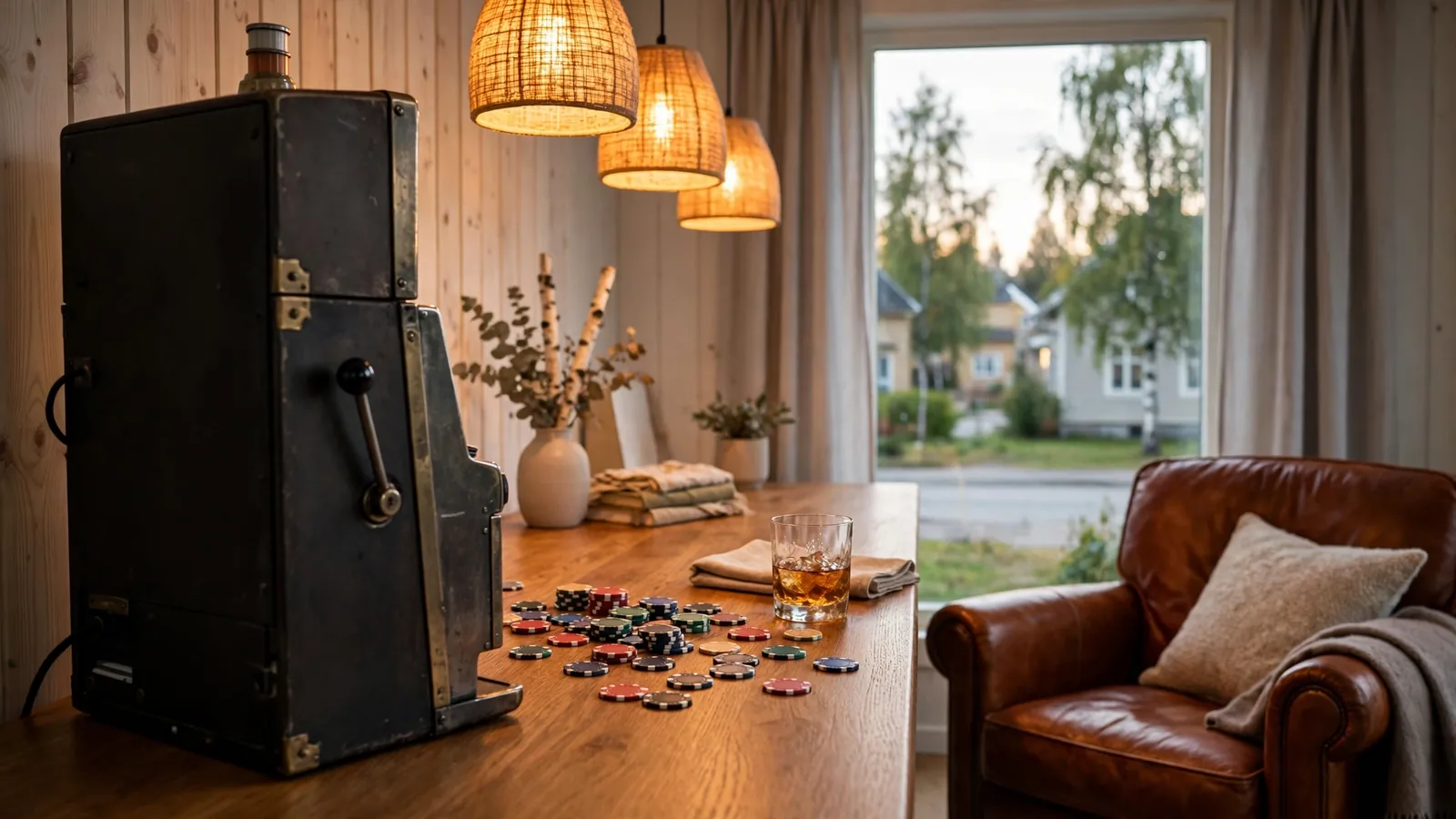 Stilren skandinavisk loungemiljö med en klassisk spelautomat och casinofärgade marker