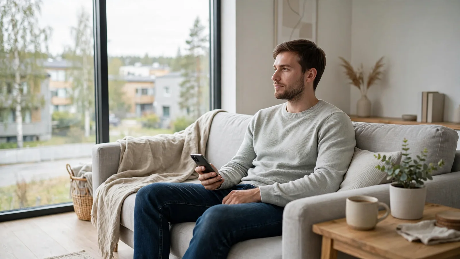 Person i modernt vardagsrum med mobiltelefon, nordisk inredning
