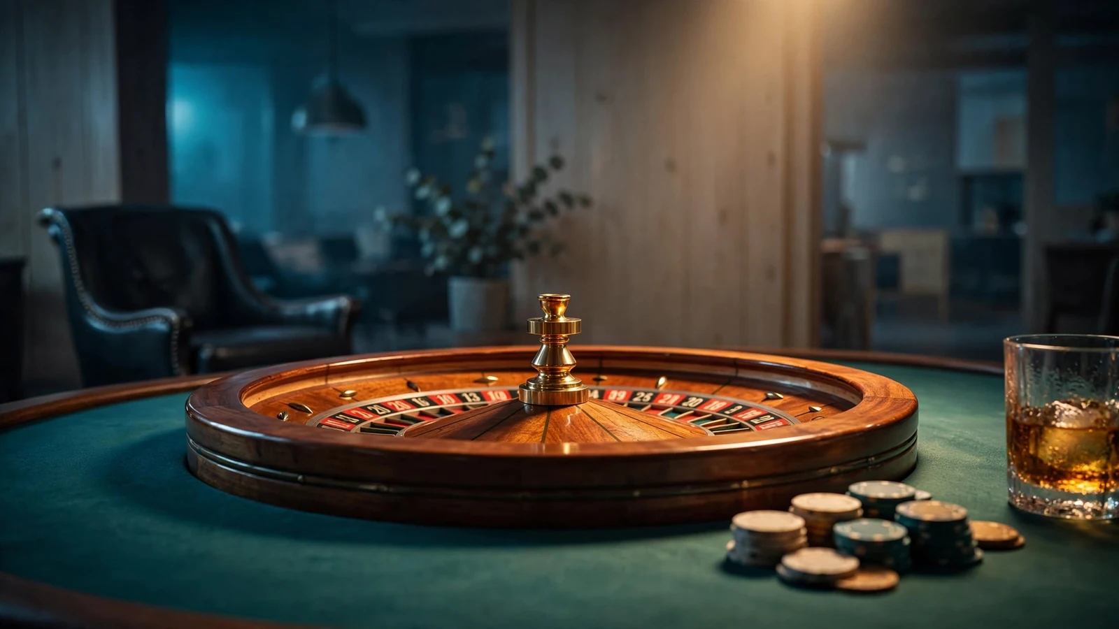Roulettbord med marker i stämningsfullt skandinaviskt casinorum med dämpat ljus