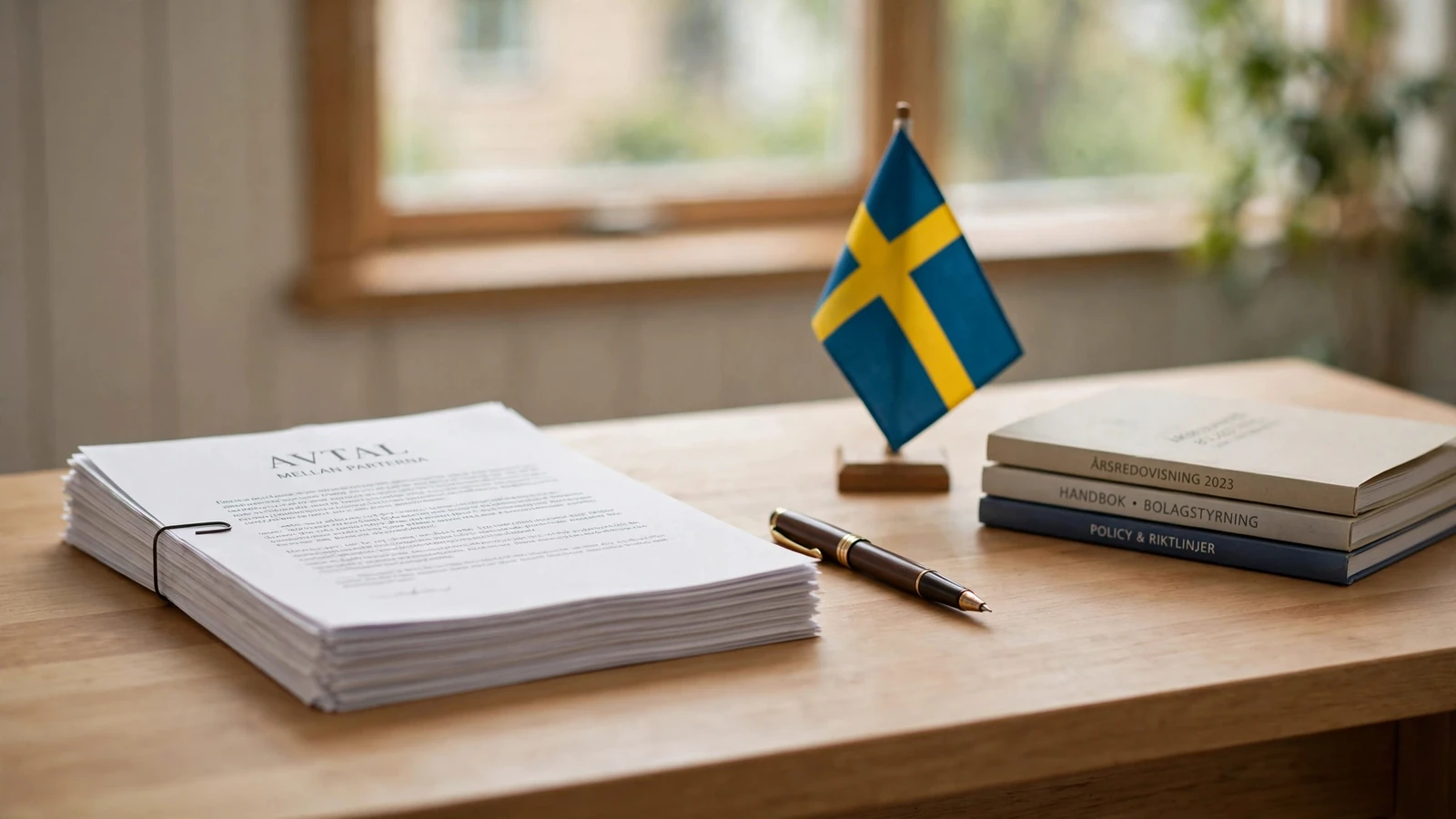 Snyggt skrivbord med juridiska dokument och svensk flagga