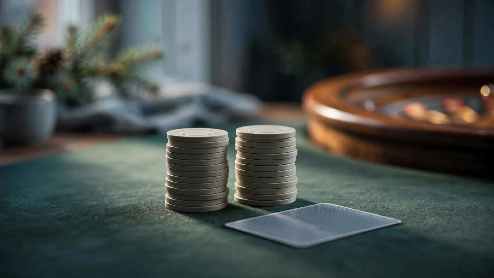 Staplar av casinofigurer och ett roulettehjul på grönt filtbord i dämpat ljus.