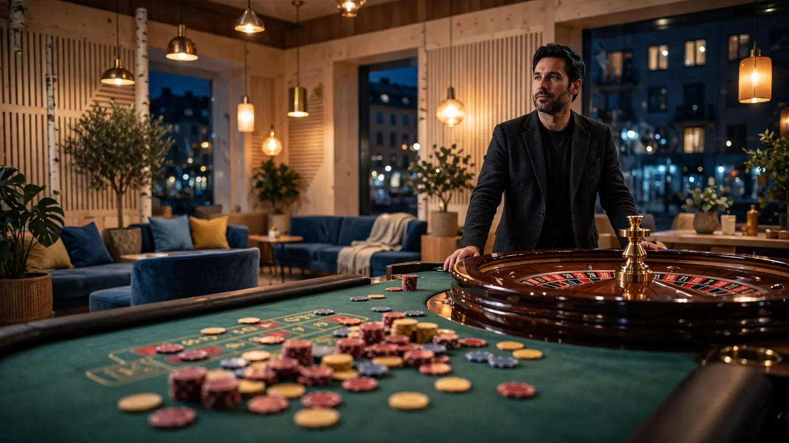 Elegant casinomiljö med roulettebord och marker i modernt nordiskt stil