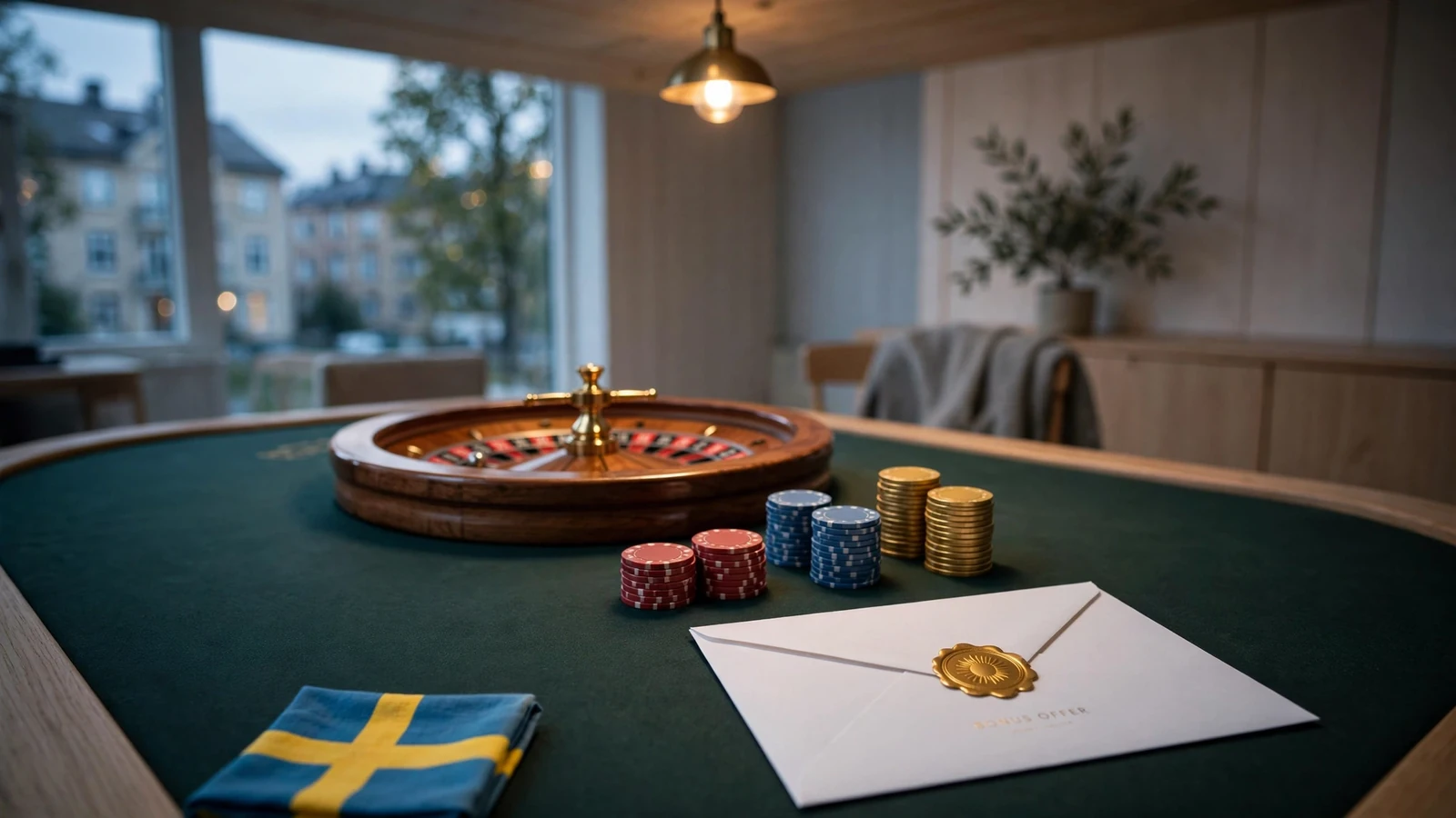 Kasinobord med roulette, marker och en bonuskuvert i skandinavisk miljö