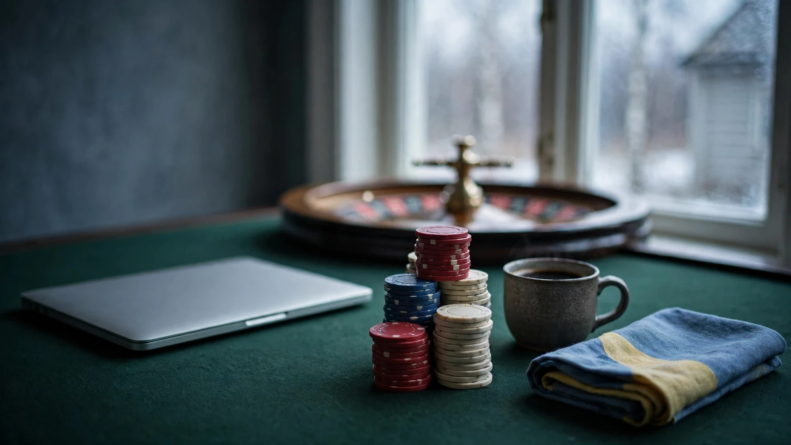 Stapel med casinomarker och roulettehjul på ett bord med stängd laptop
