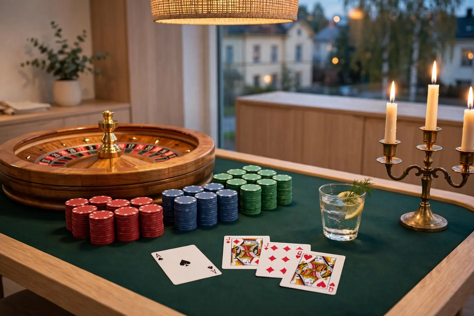 Svensk casinomiljö med roulettehjul, marker och spelkort på filtbord
