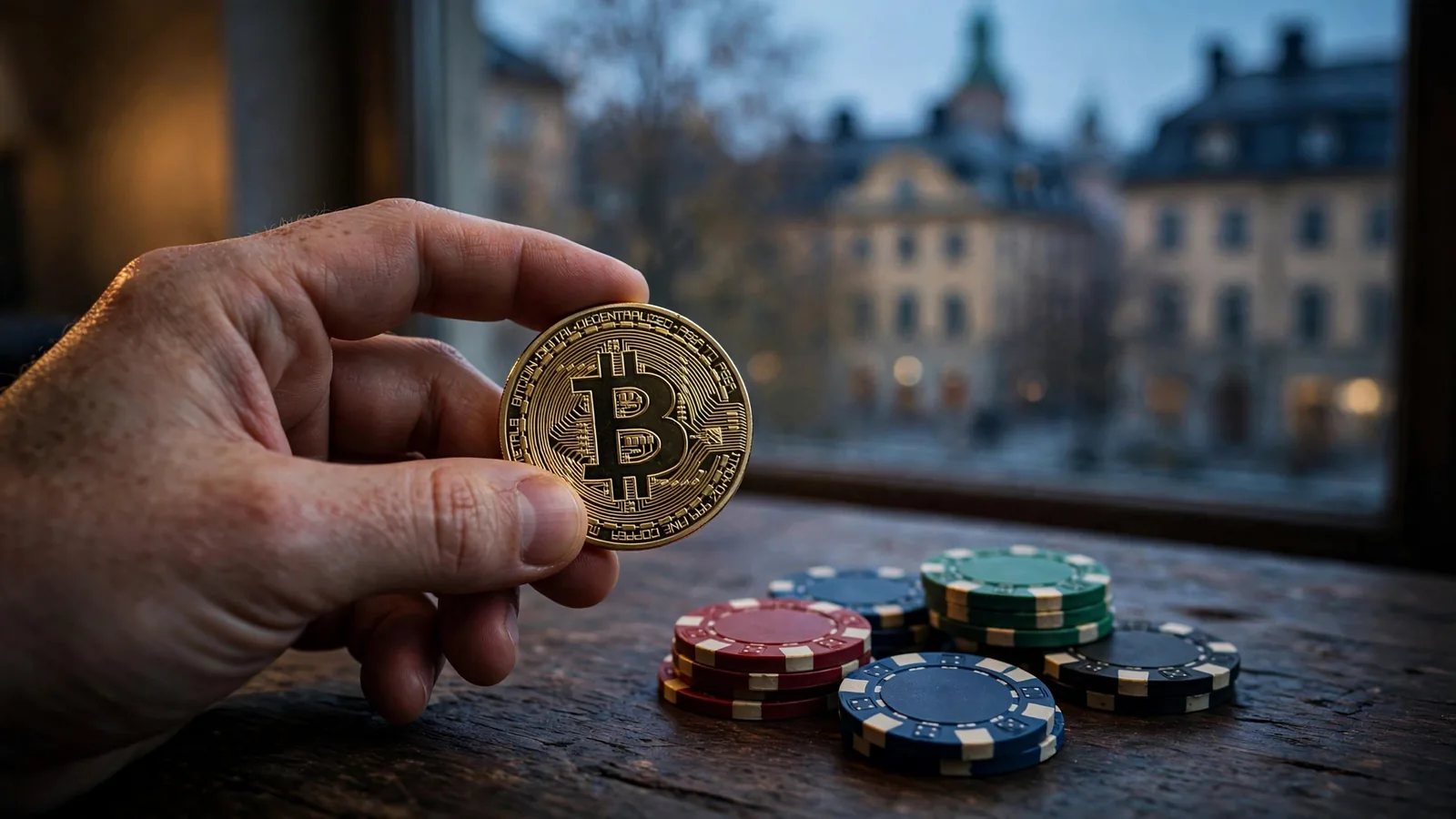 Bitcoin-mynt och casinokoppar på ett mörkt bord i Stockholm