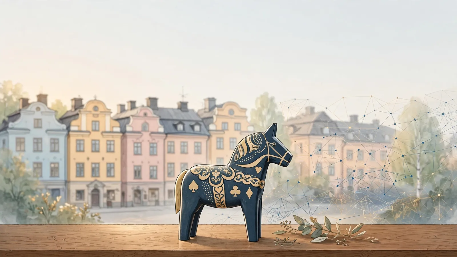 Svensk Dalahäst med spelkortssymboler framför suddig Stockholmsvy