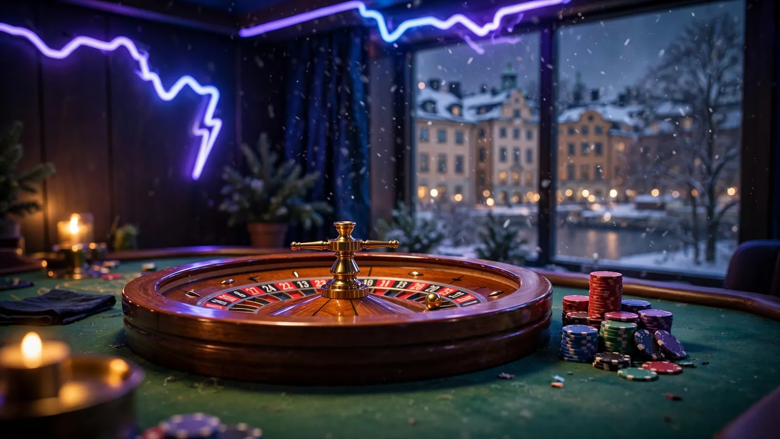 Rouletthjul med färgglada casinofickor på ett grönt bord, blå och lila neonljus, snöig Stockholmsutsikt i bakgrunden.
