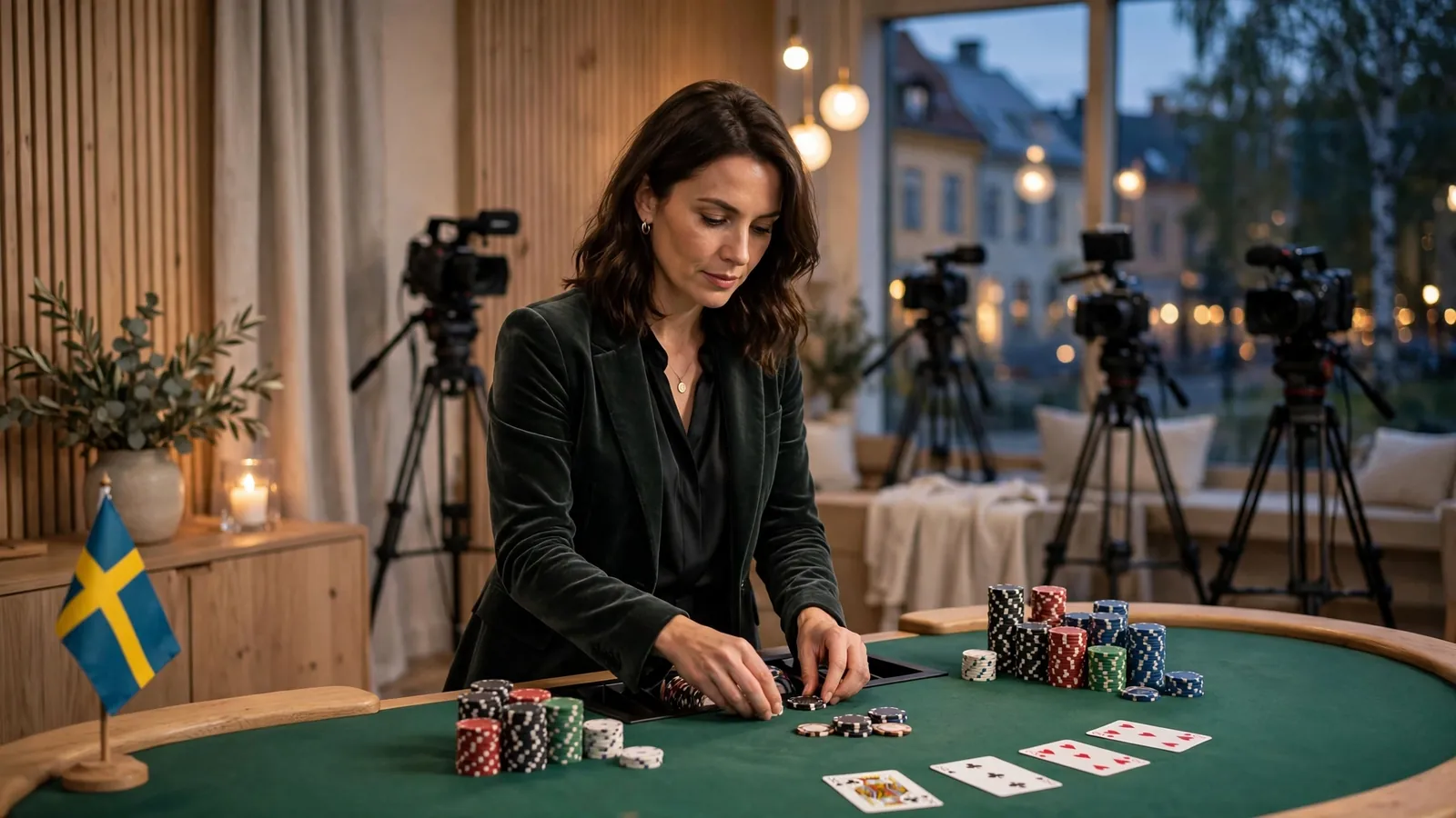 Live blackjack-bord med svensk dealer och casinomarker i studio