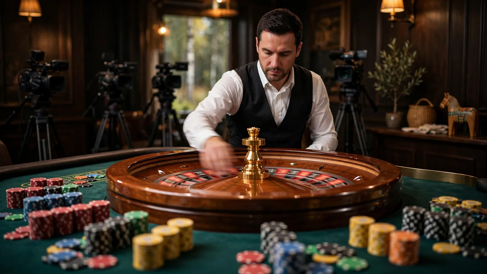 Live roulette-bord med croupier och marker i en svensk casinostudio