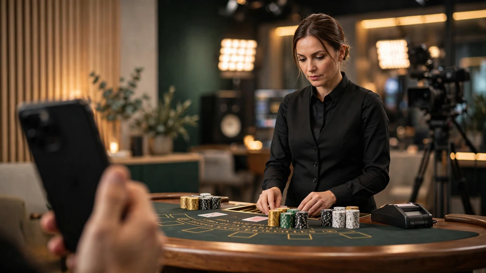 Live casinostudio med dealer vid blackjackbord och mobiltelefon i förgrunden