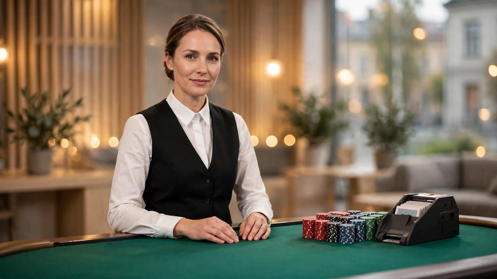 Professionell livecasinohandlare vid spelbord med marker i modern studio