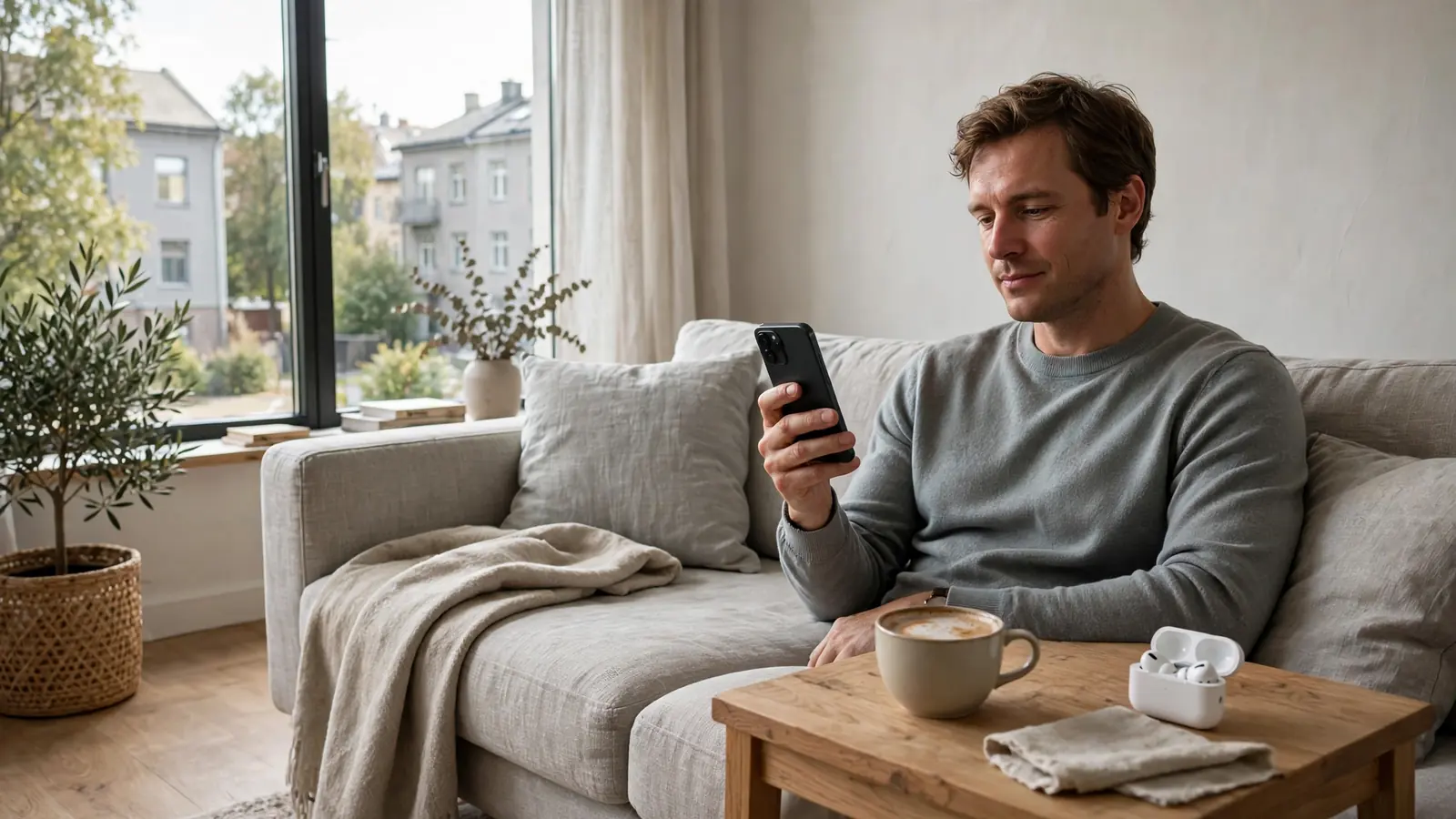 Person i svensk lägenhet som håller en smartphone, avslappnad hemmaunderhållning