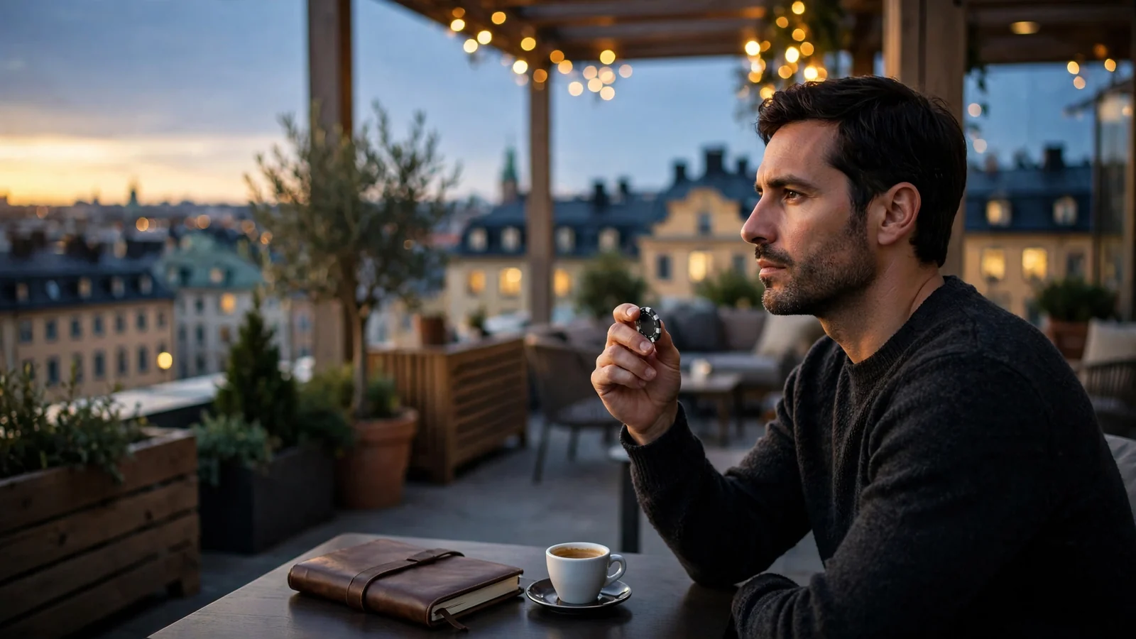 Man i stilren takbar i Stockholm funderar med ett casinotecken i handen