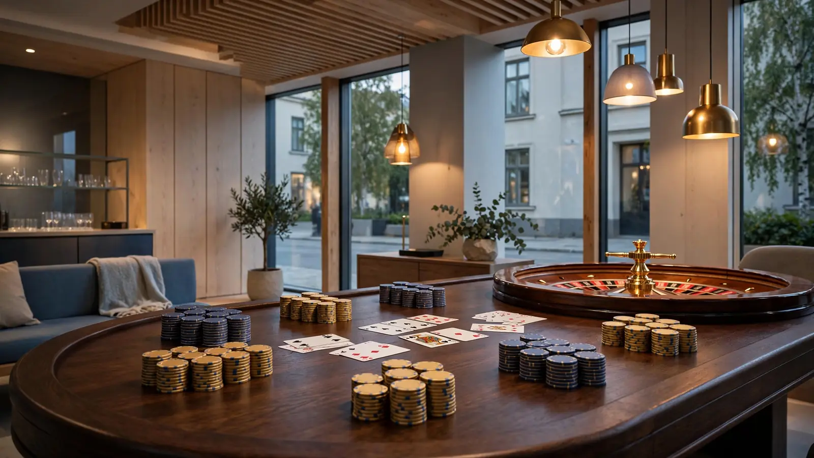 Modern casinomiljö i nordisk stil med svenska färgtoner och eleganta detaljer