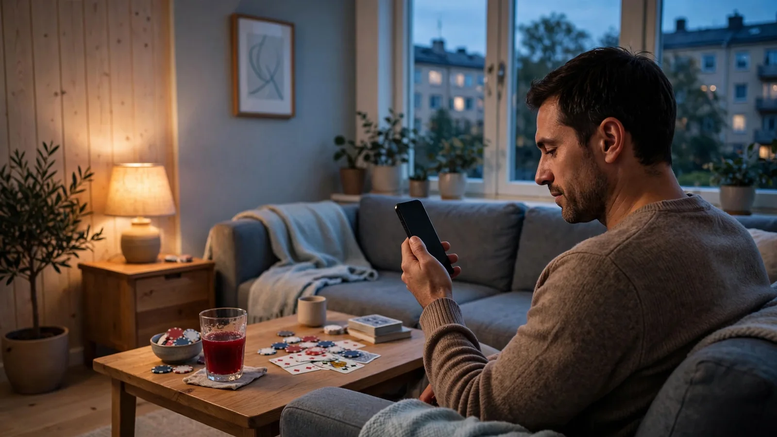 Man i svensk lägenhet spelar blackjack på mobilen