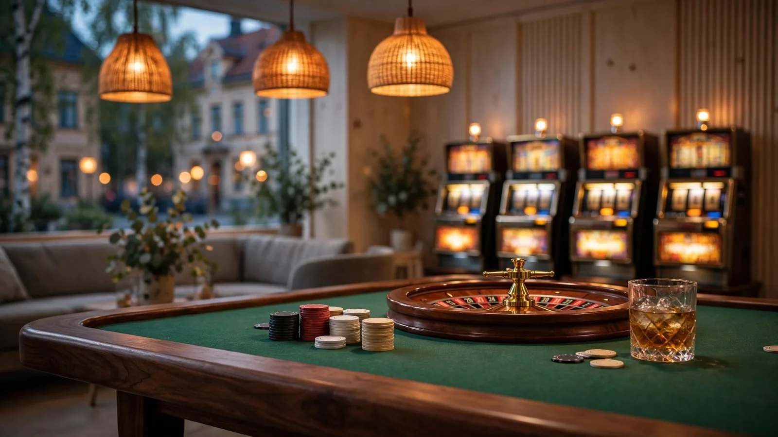Elegant svensk casinomiljö med roulettebord och marker i varm belysning