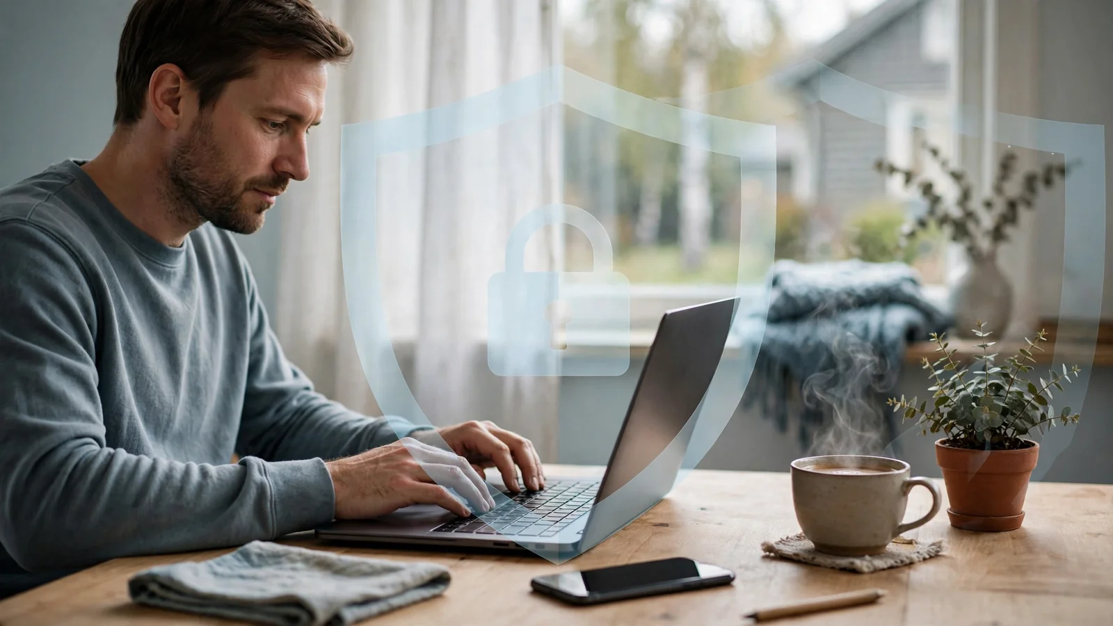 Person vid skrivbord med stängd laptop och telefon, symbol för dataskydd och integritet.