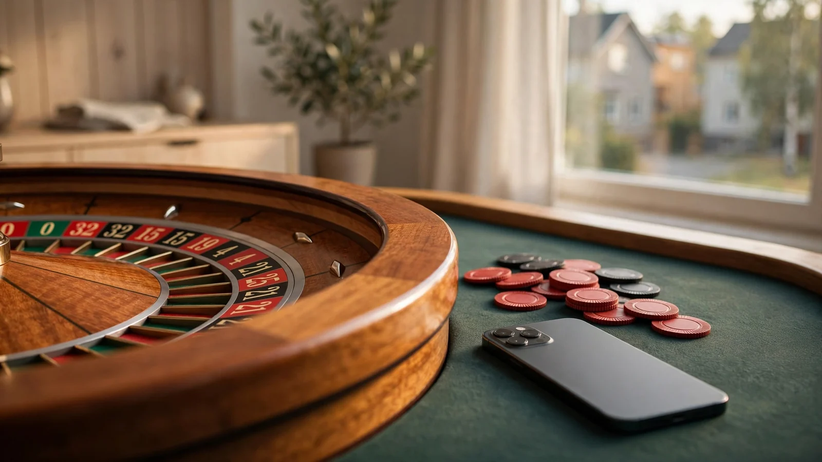Roulettehjul med marker och en smartphone bredvid på ett casinoinspirerat bord