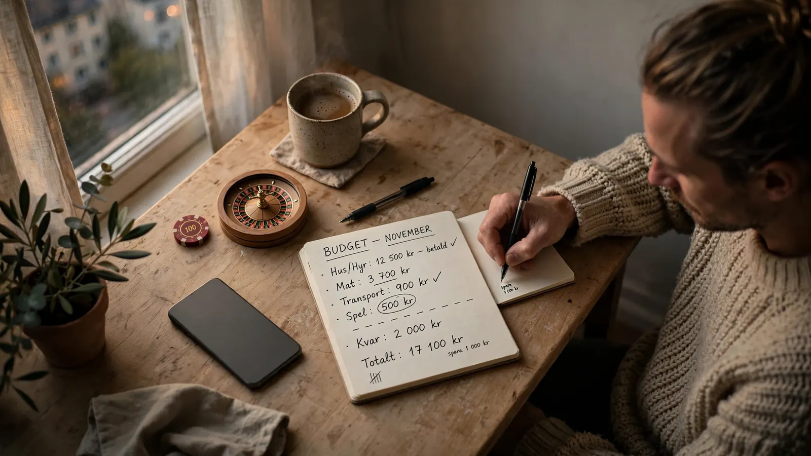 Person planerar spelbudget vid skrivbord med roulettebricka och kaffekopp