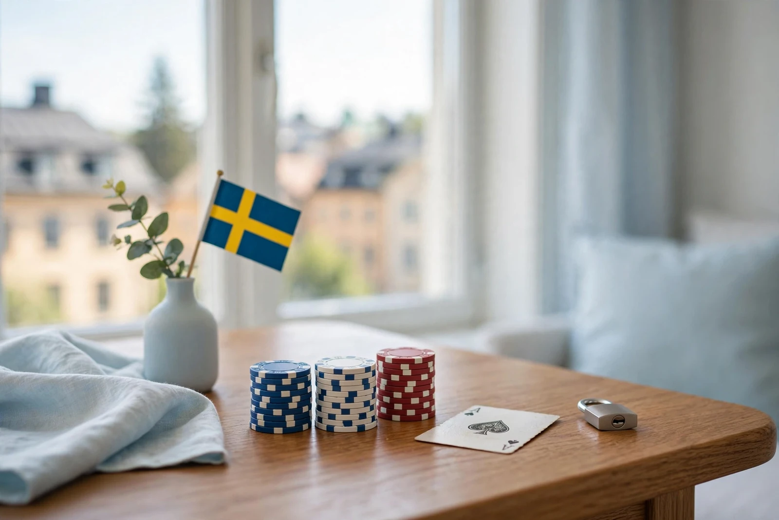 Säkert svenskt casino med spelmarker, flagga och hänglås