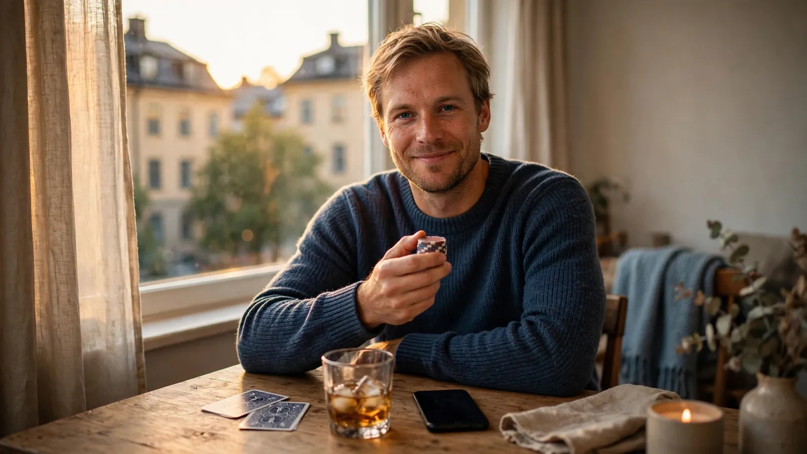 Lugn man vid bordet med pokermarker och kort i varmt vardagsrum