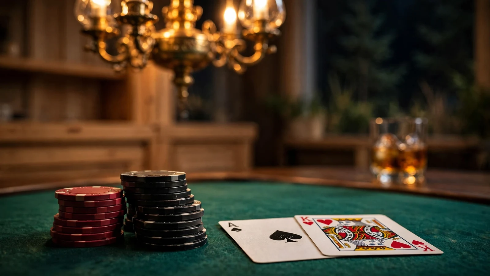 Blackjack-bord med casinofigurer och kort i svensk casinomiljö