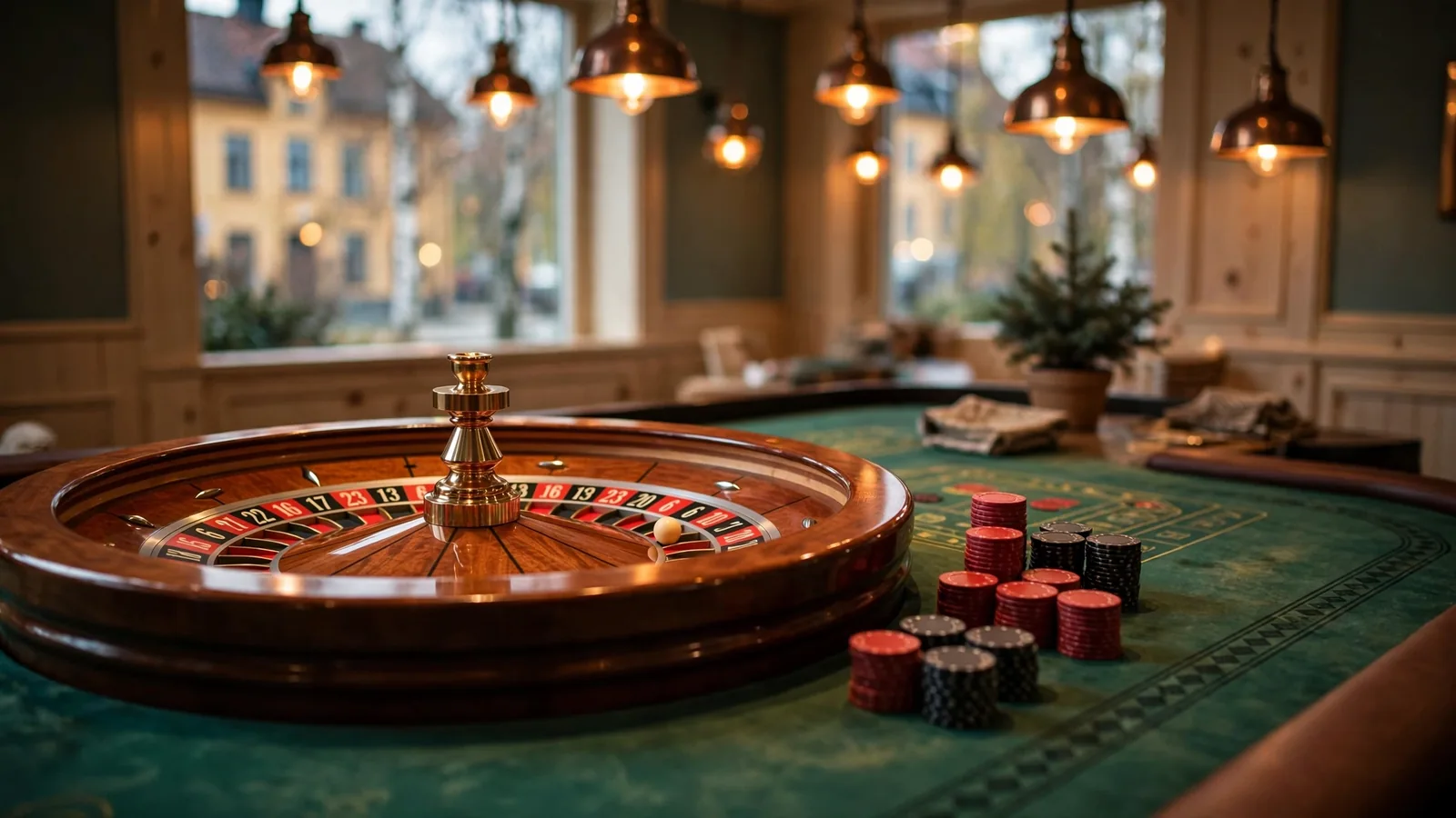Klassiskt roulettehjul på grönt casinobord med marker i röda och svarta stackar