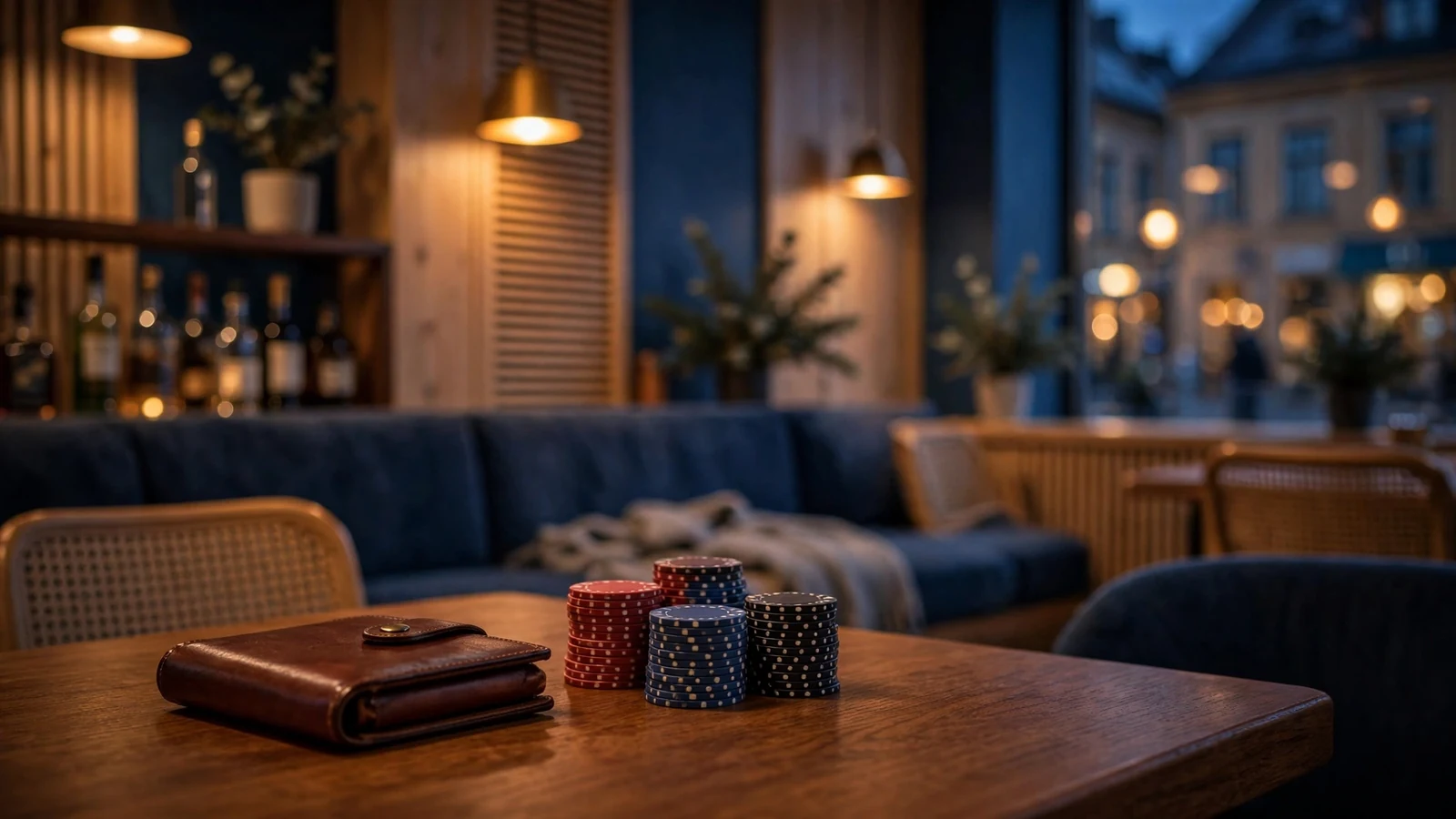 Stämning i en svensk spelhall med casinobricker på ett bord