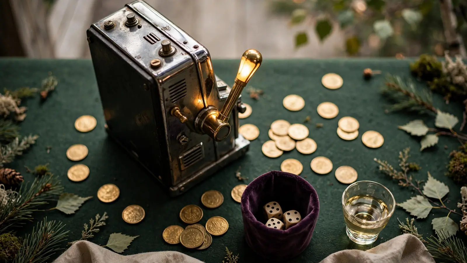 Stilren bild av en klassisk spelautomat med mynt och akvavit på filtunderlag