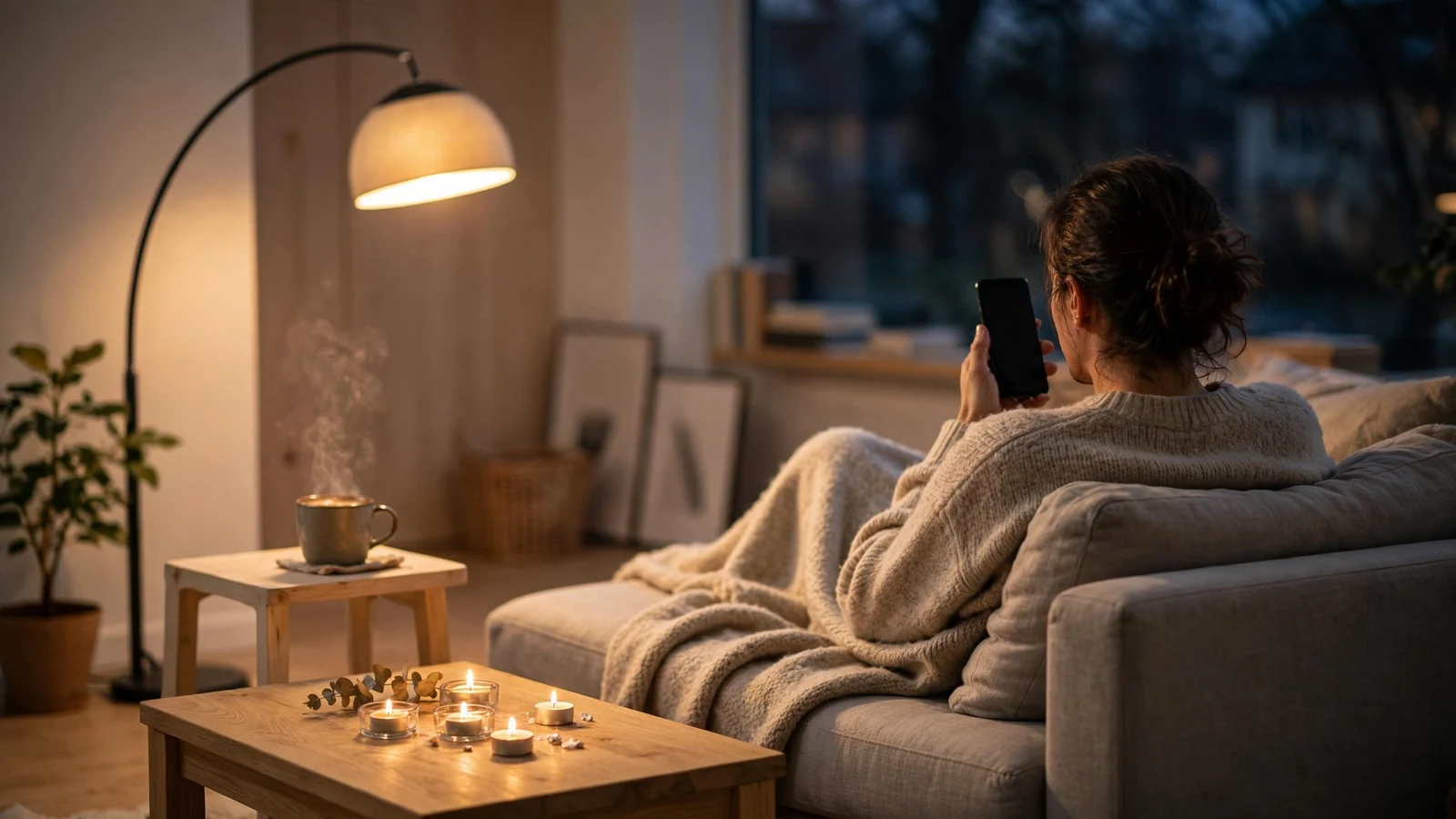 En person i ett mysigt svenskt vardagsrum med en mobiltelefon i handen.