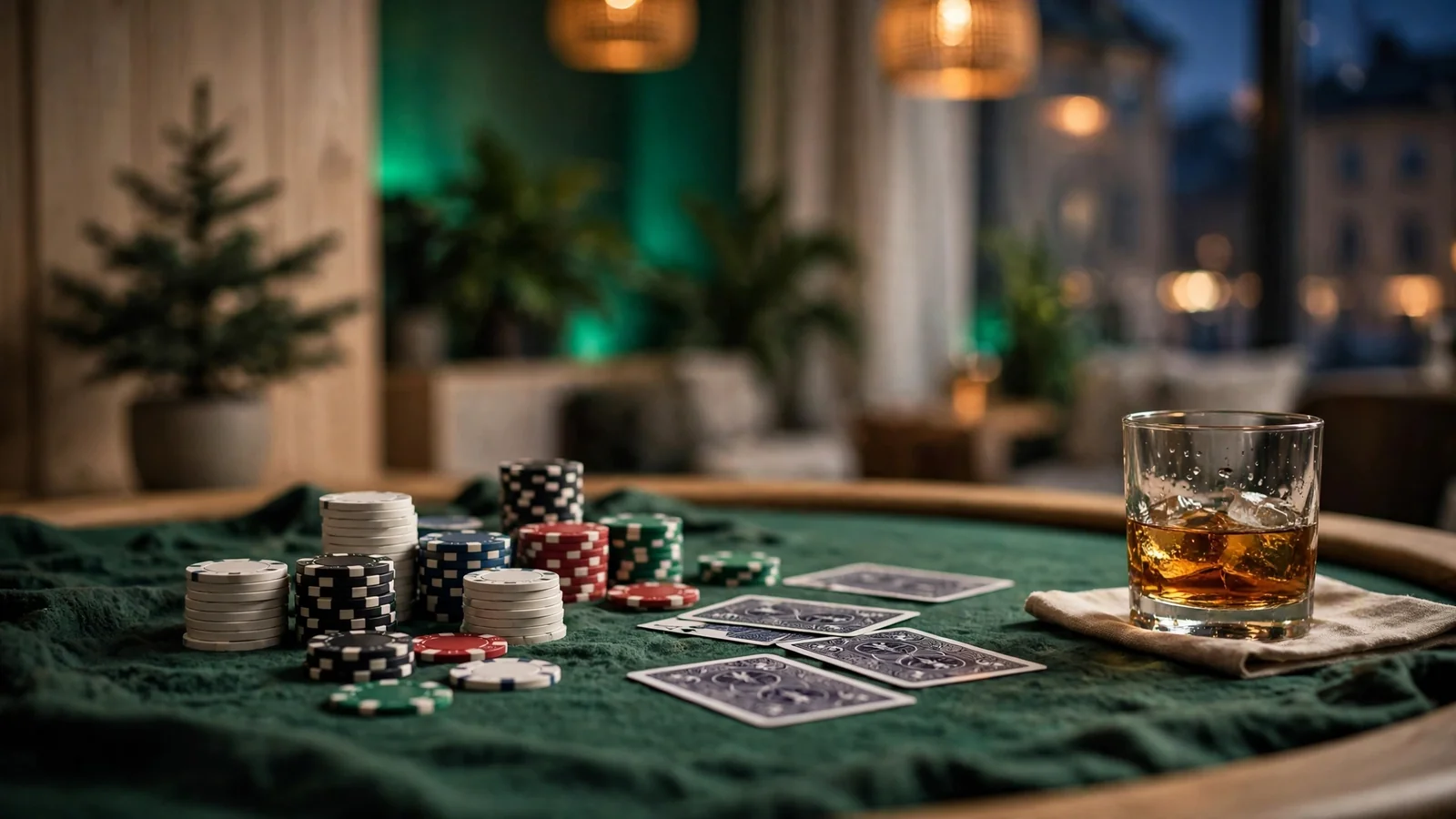 Blackjack-bord med marker och kort på ett svenskt casino