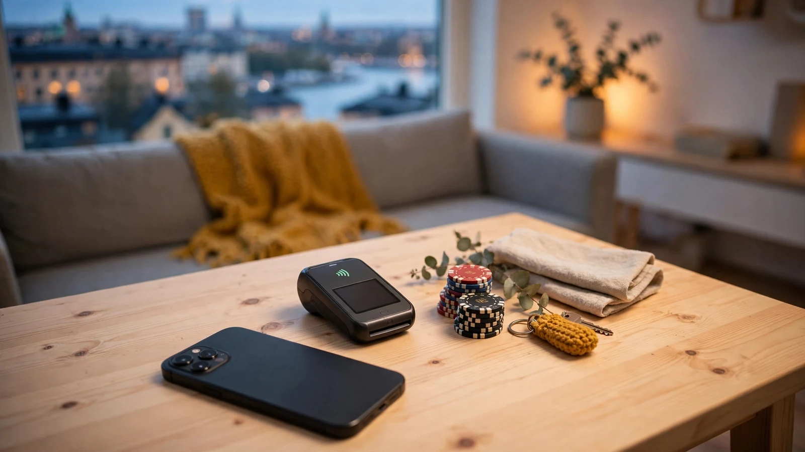 Smartphone med Apple Pay och casinomarker på ett svenskt bord