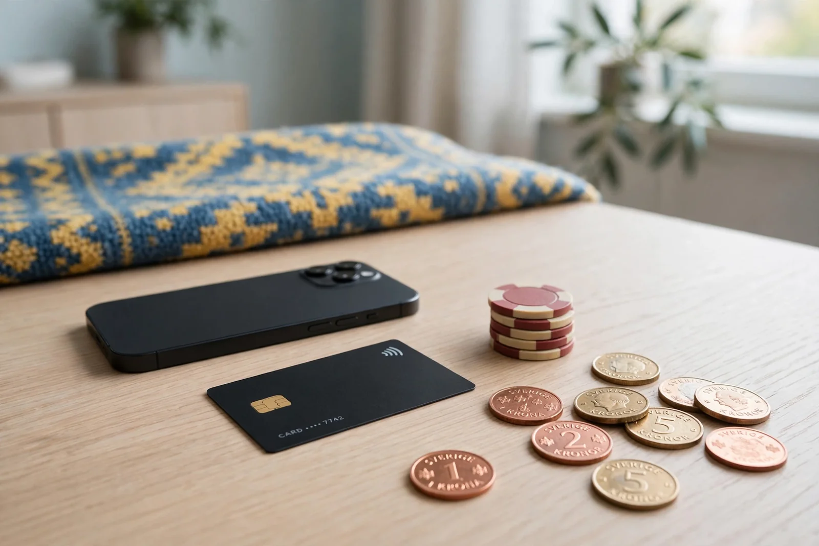Stilleben med mobiltelefon, betalkort, spelmarker och svenska kronor på ljust bord