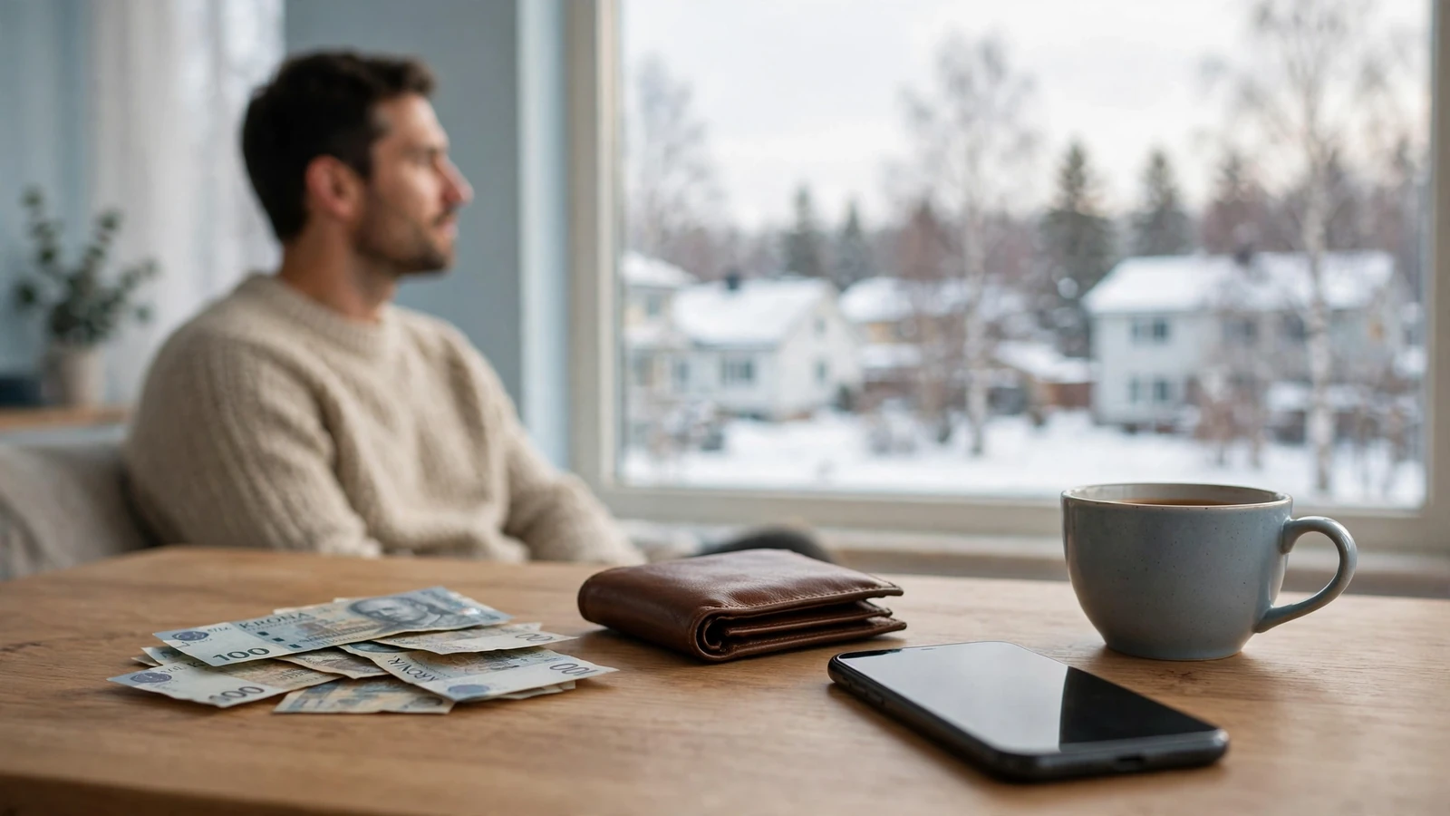 Mobil på skrivbord med svenska kronor och kaffekopp