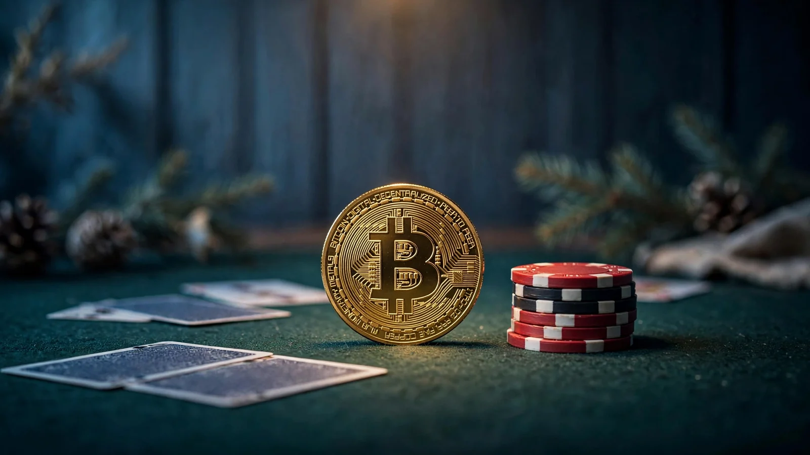 Guldmynt med Bitcoin-symbol på casinobord med marker och kort