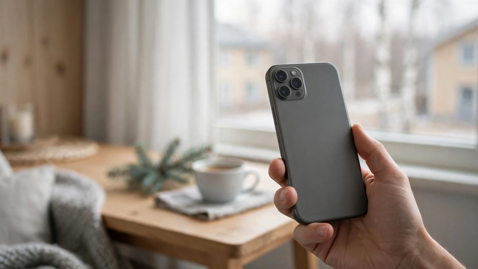Hand som håller en smartphone i en minimalistisk svensk lägenhet