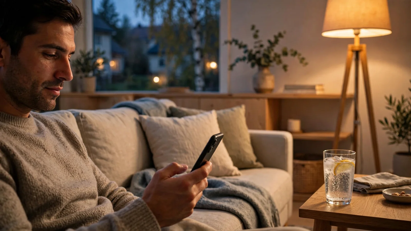 Person i modernt svenskt vardagsrum med smartphone i handen