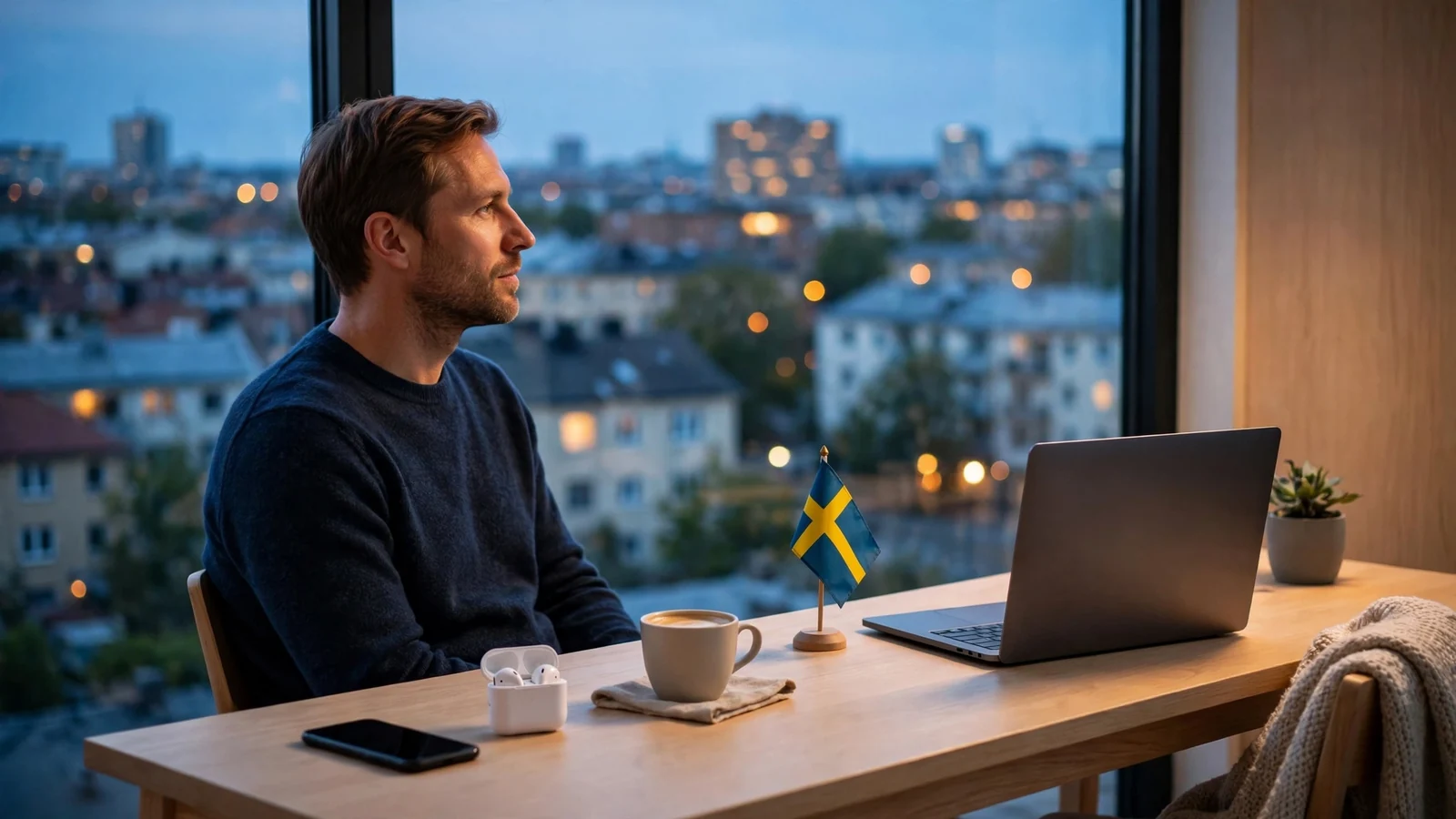 Svensk skrivbordsscen med smartphone och laptop vid Stockholms silhuett i skymning