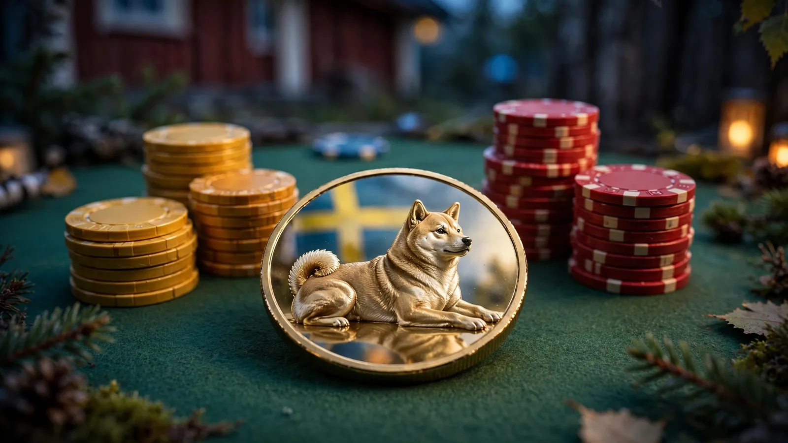 Dogecoin-symbol med casinomarker på grönt bord