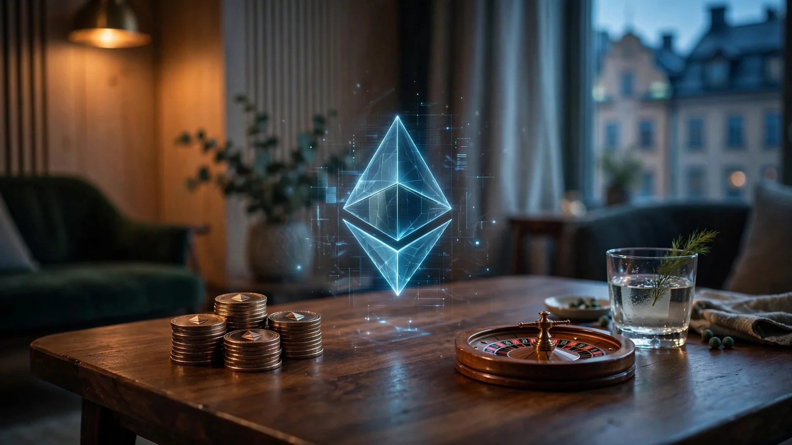 Ethereum-temynt och roulettehjul på ett träbord i en mörk svensk lounge