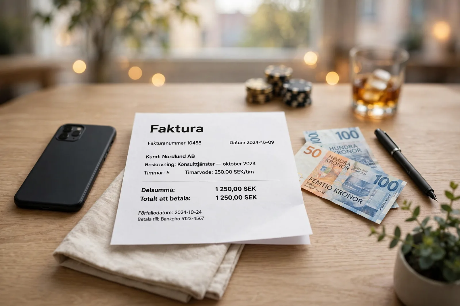 Svensk faktura med kronor på skrivbord, mobil vänd nedåt, casinotema i bakgrunden