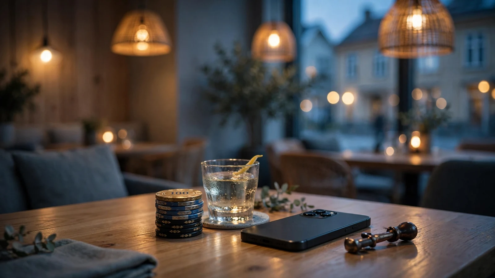 Stilren svensk casinomiljö med marker och mobil