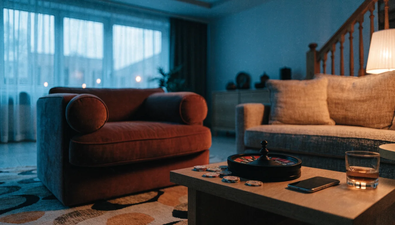 Stilren svensk vardagsrum med casinotema och avslagen telefon