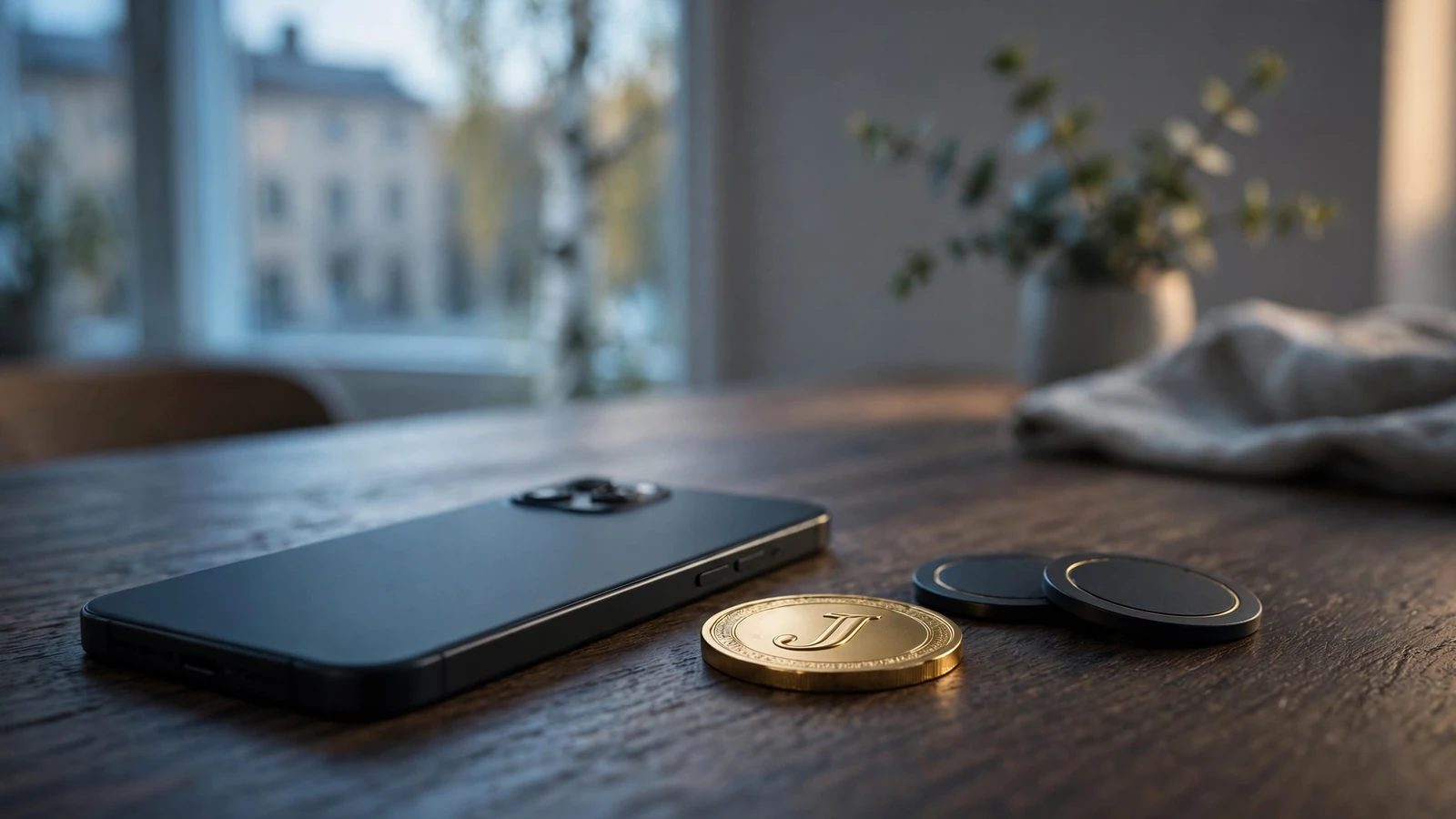 Smartphone med Jeton-token och casinofigurer på bord